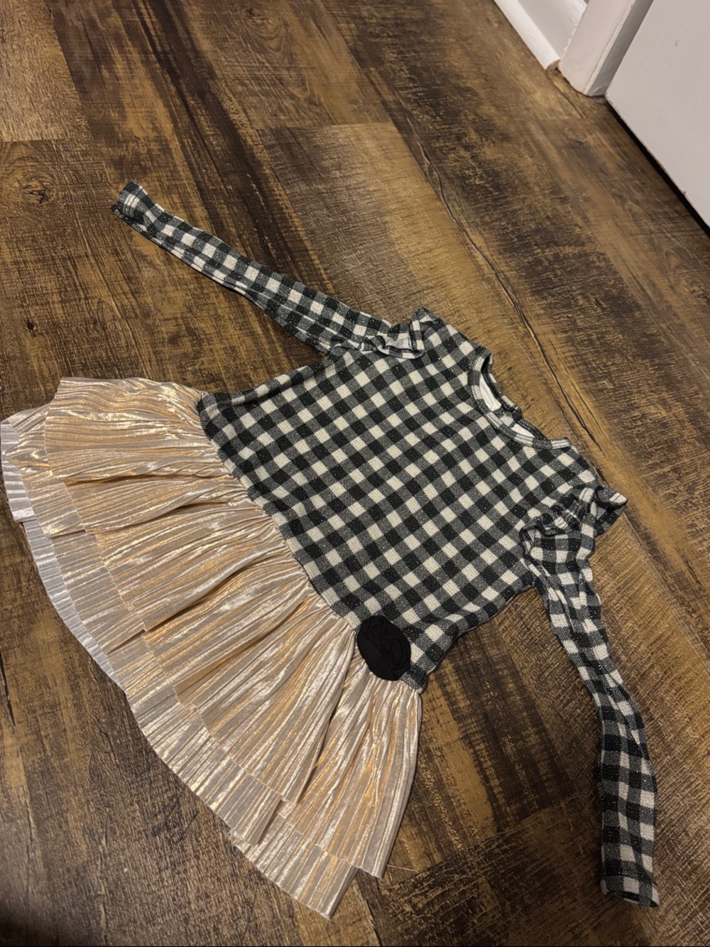 Girls Black & White Gingham Top with Gold Pleated Skirt Dress